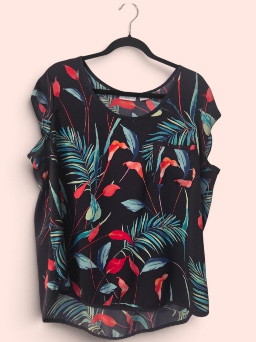 Liz Claiborne Black Blouse with Teal & Red Tropical Print